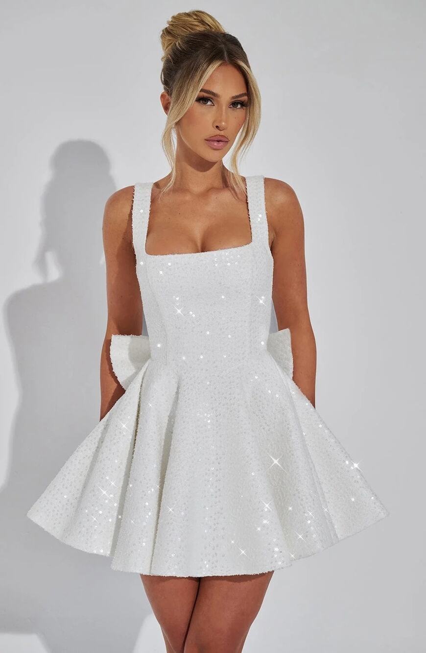 NWT Babyboo Dorothy Ivory Sequin Bow Square Neck Fit & Flare Mini Dress Size XS